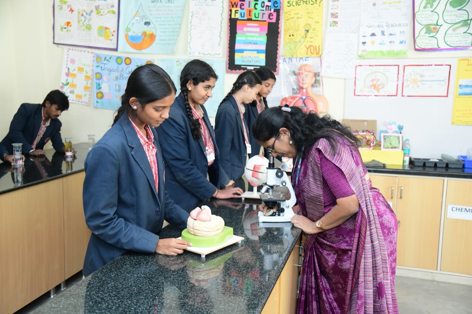Biology lab with microscopes and anatomical models
